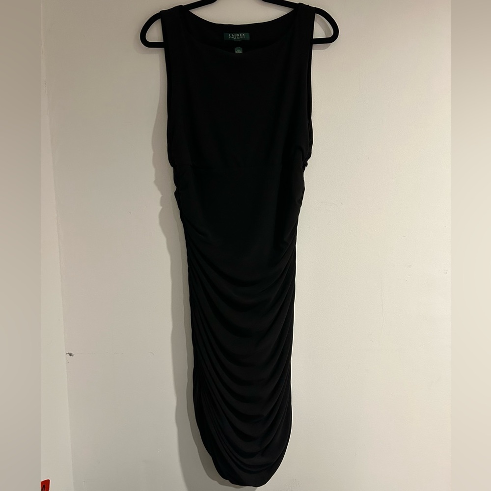 Ralph Lauren black ruched knee length dress size 14